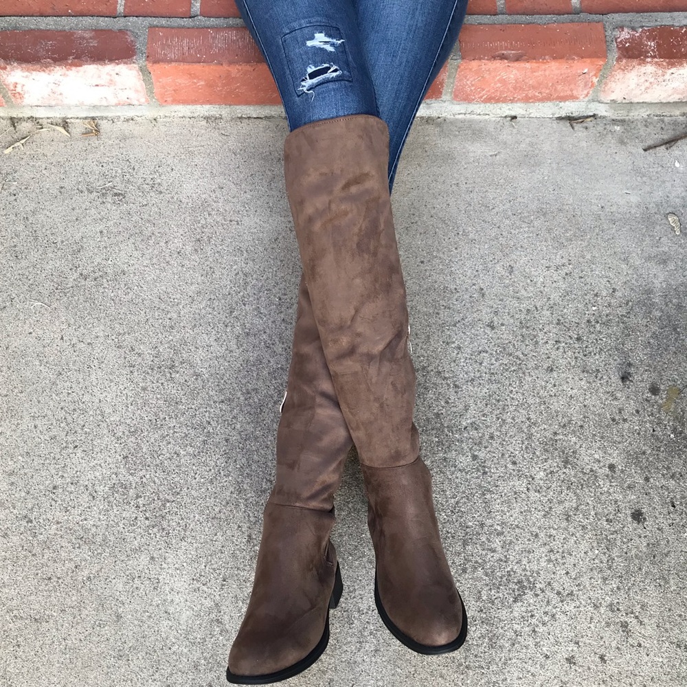 Taupe Brown Suedette Knee High Boots